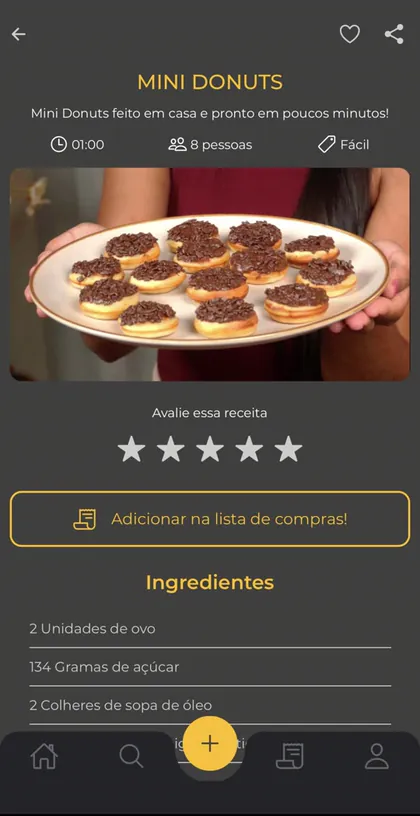 Receita de mini donuts no app, com tempo de preparo, porções e ingredientes