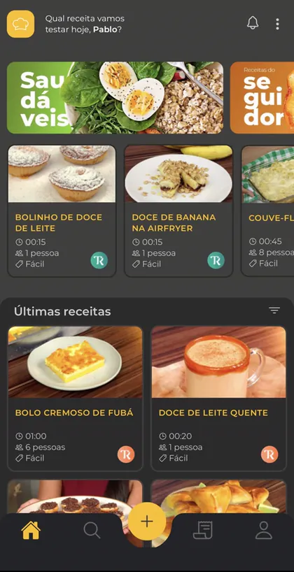 Tela inicial do app com bolinho de doce de leite e doce de banana na airfryer