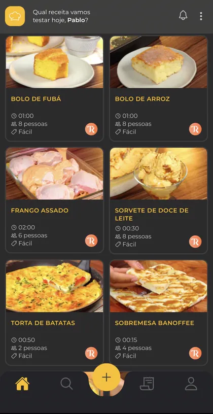 Tela do app com receitas de bolo de fubá, bolo de arroz e sorvete de doce de leite