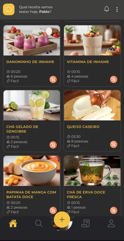 Tela do app com danoninho de inhame, vitamina e chá gelado